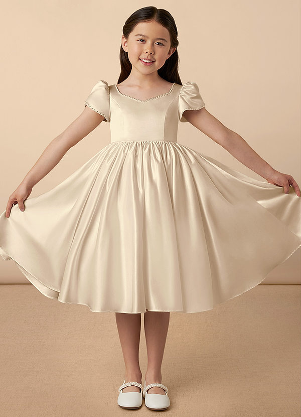 Azazie Juno Flower Girl Dresses Champagne A-Line Sweetheart Neckline Matte Satin Dress image1