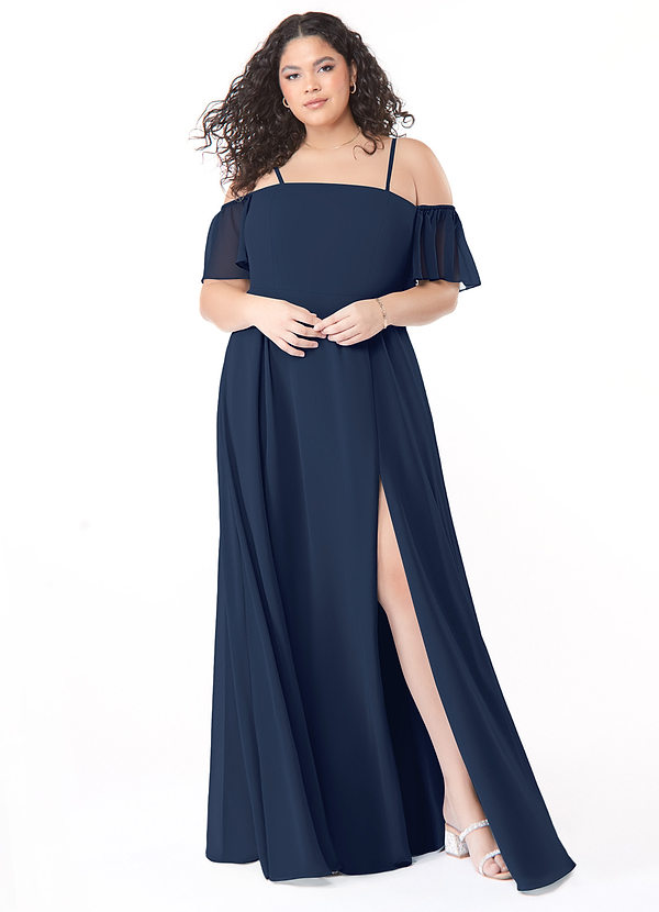 Azazie Sue Bridesmaid Dresses Dark Navy A-Line Off the Shoulder Chiffon Convertible Dress image1
