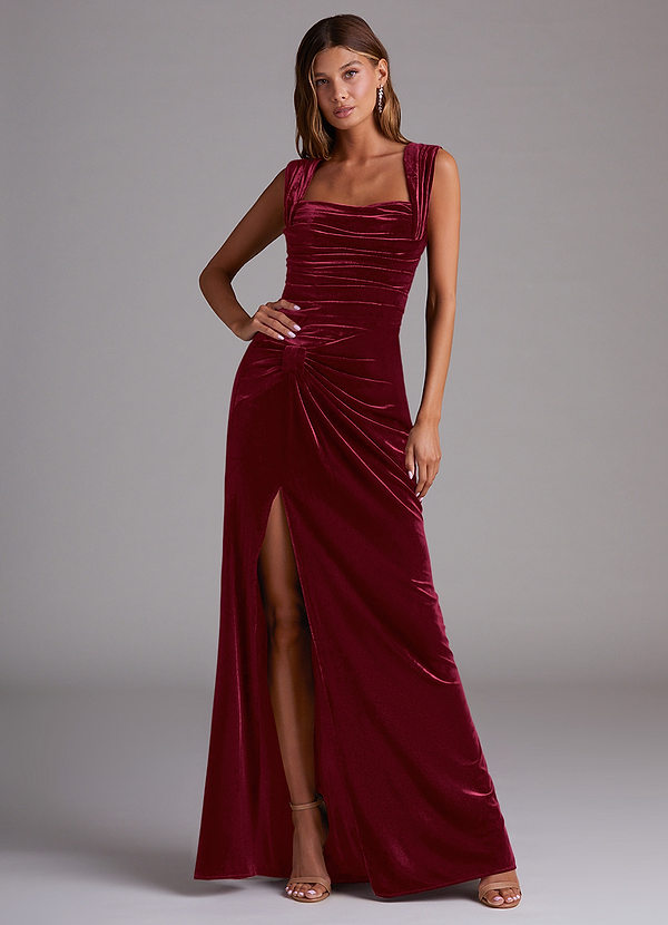 Azazie Genesis Bridesmaid Dresses Burgundy Sheath Pleated Velvet Dress image1