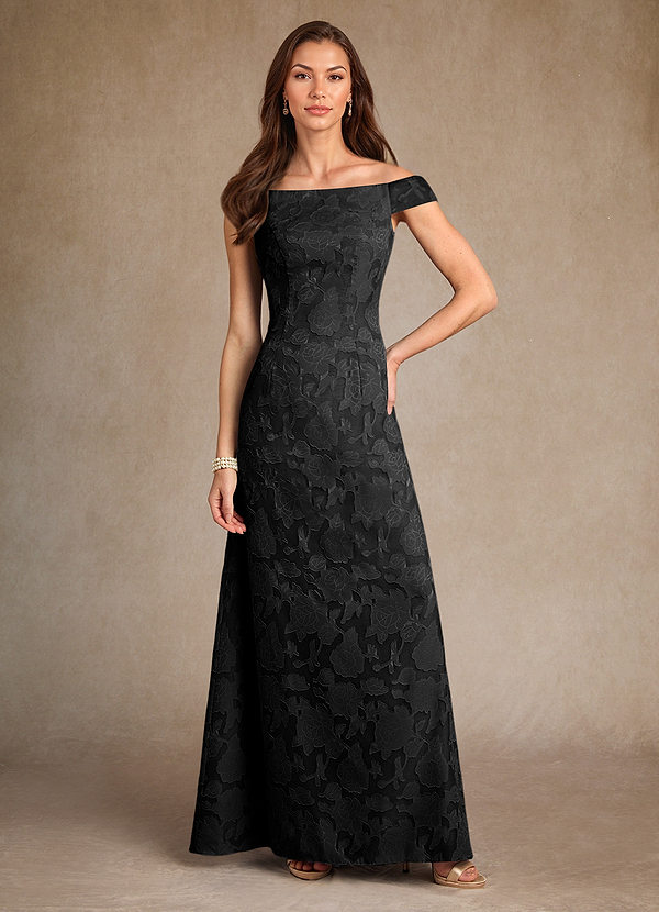 Azazie Moore Mother of the Brides Dresses Black A-Line Boatneck Floral Burnout Dress image1