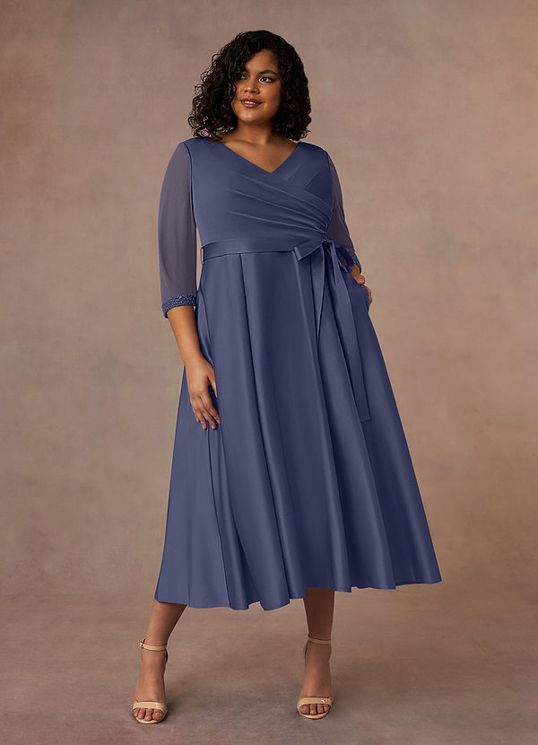 Azazie Maritza Mother of the Brides Dresses Stormy A-Line Pleated Matte Satin Dress image1