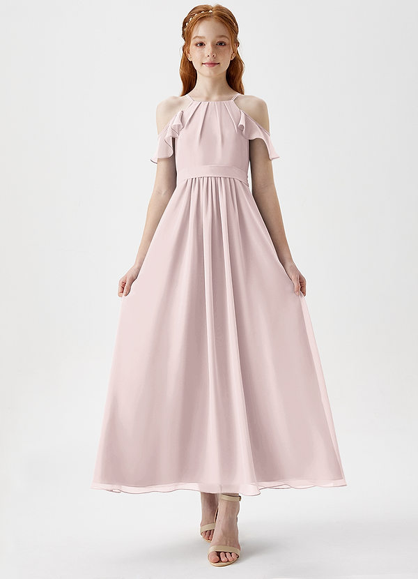 Azazie Chaya Junior Blushing Pink A-Line Off the Shoulder Chiffon Dress image1