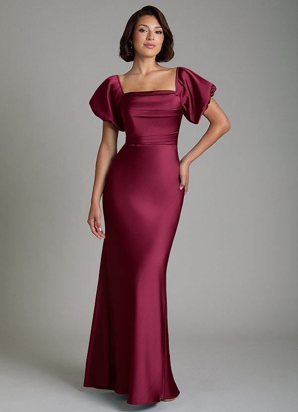 Azazie Lea Robes de demoiselle d'honneur Robe Sirène Convertible en Satin extensible Épaules dénudées Bourgogne image1