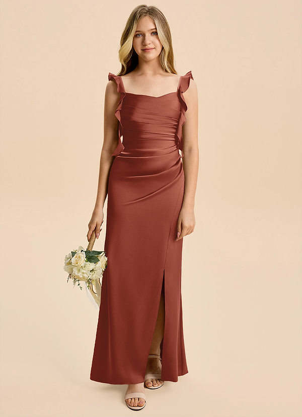 Azazie Jessamine Junior Auburn A-Line Ruched Stretch Satin Dress image1