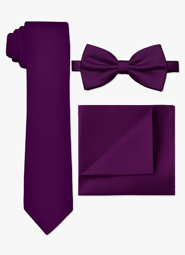 front Conjunto de corbata fina, pajarita y pañuelo de bolsillo de satén mate