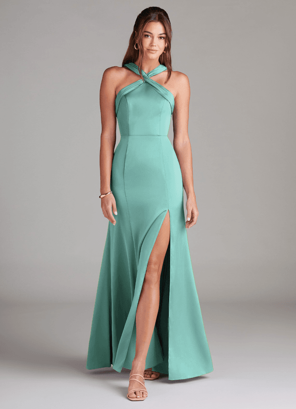 Azazie Rue Vestido Invitada Boda Vestido de Aqua de Satén Elástico de Corte en A con Plisado image1
