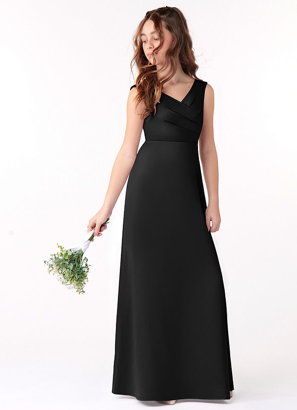 Azazie Sadia Junior Black A-Line Pleated Matte Satin Dress image1