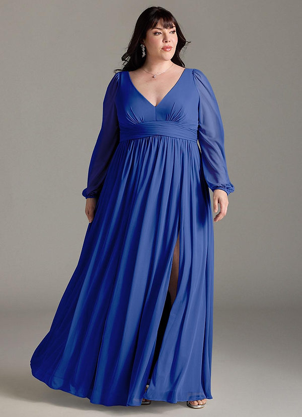 Azazie Norah Robes Demoiselle d'honneur Robe Trapèze en Mousseline de soie Col en V, manches longues Bleu Roi image1