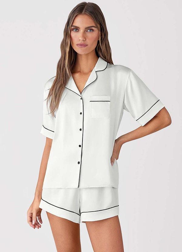 front White 100% Washable silk Short Sleeve Pajama Set