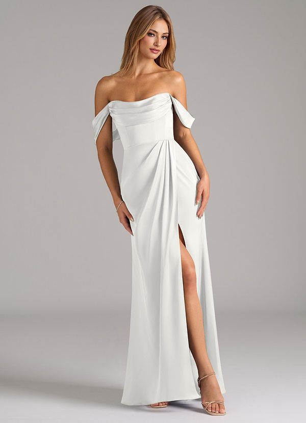 Azazie Johana Koszorúslányruhák Sellő Le a vállról Stretch szatén Padlóhosszúság Ruha image1