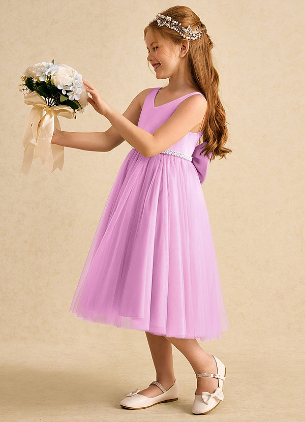 Azazie Firefly Vestidos de Niña de Flores Vestido de Rosa Caramelo de Satin Mate de Corte En A con Lazo image1