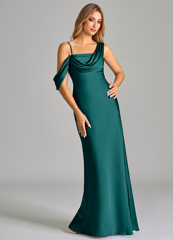Azazie Celina Bridesmaid Dresses Peacock Sheath Off the Shoulder Stretch Satin Dress image1