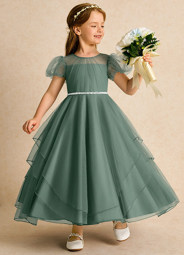 Azazie Duckie Abiti da Ragazza di Fiori Abito Principessa in Tulle Plissettato Eucalipto image1