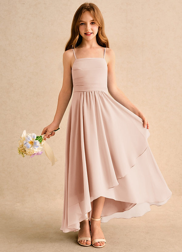 Azazie Twilight Dance Junior Formal Robes de Fillette d'Honneur Robe Trapèze en Mousseline de soie Plissée Rose Perle image1