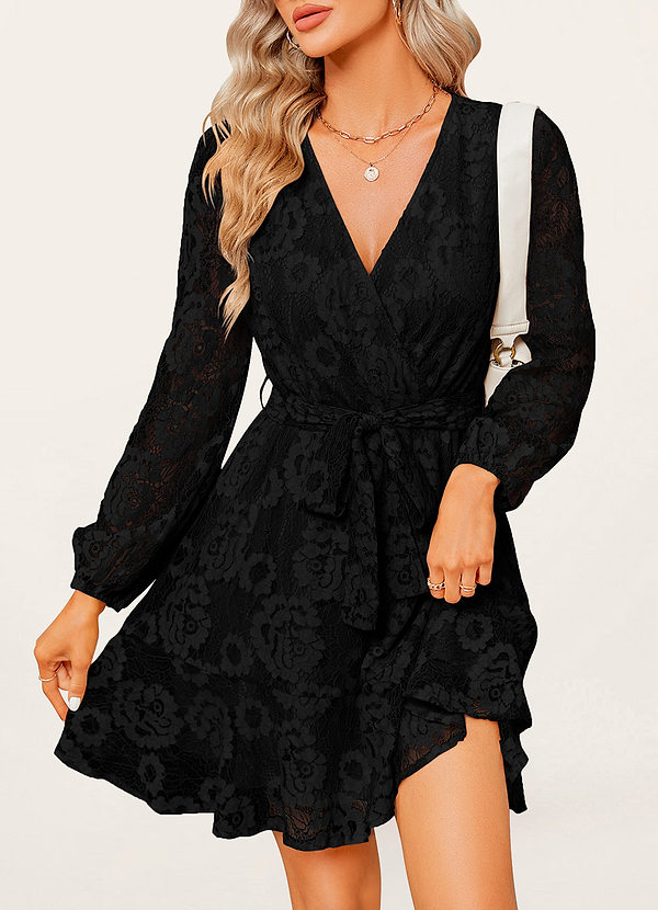 front Hartwell Noir Mini robe en dentelle à manches longues