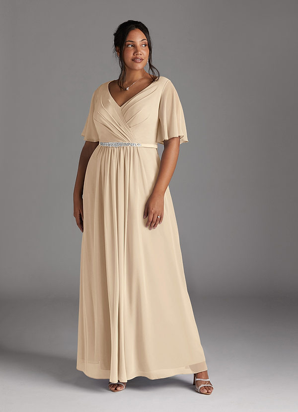 Azazie Tricia Mother of the Brides Dresses Champagne A-Line V-Neck Pleated Chiffon Dress image1