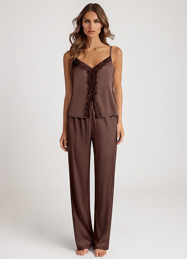 front Ganache Brautpyjama-Set aus Satin-Top mit V-Ausschnitt und weiten Hosen mit Wimpernspitze