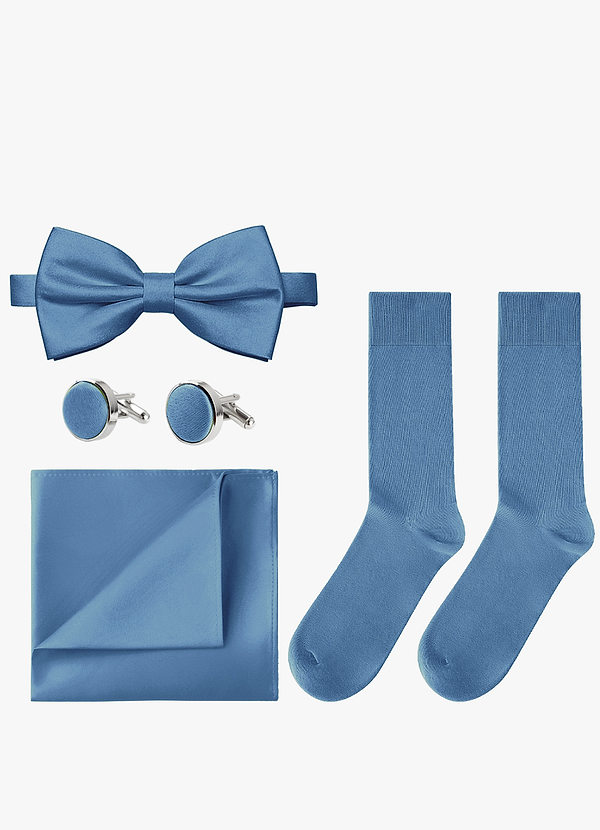 front Passendes Set aus Fliege, Einstecktuch, Manschettenknöpfen und Socken
