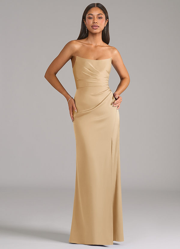Azazie Marla Robes de demoiselle d'honneur Robe Fourreau Convertible en Satin extensible Bustier Or image1