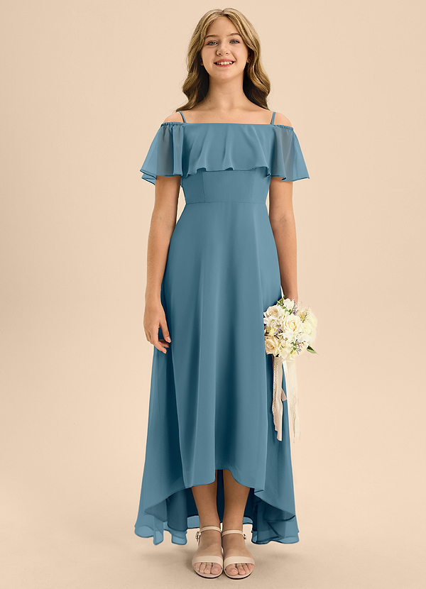 Azazie Maggie Junior A-Linie Schulterfrei Chiffon Kleid Bermudablau image1