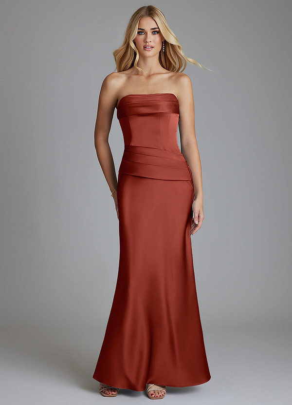 Azazie Lenya Brudtärneklänningar Klä av Tubklänning i Stretch Satin Plisserad Terrakotta image1