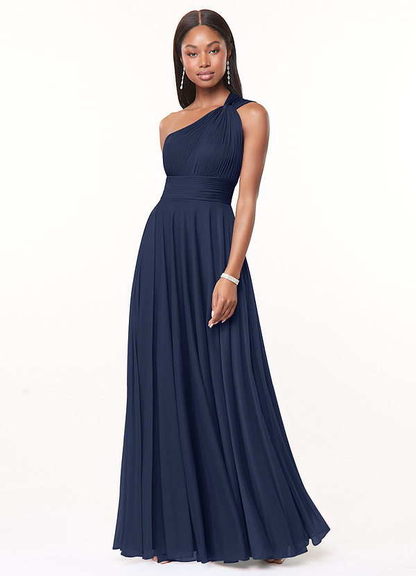 Azazie Charlize Bridesmaid Dresses Dark Navy A-Line One Shoulder Mesh Dress image1