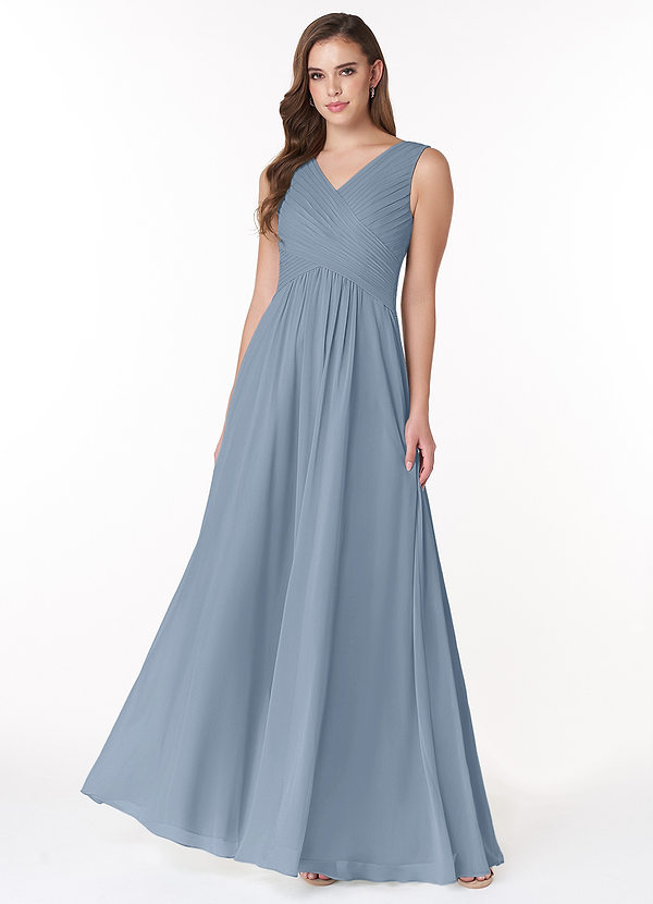 Azazie Flora Bridesmaid Dresses Dusty Blue A-Line Pleated Chiffon Dress image1