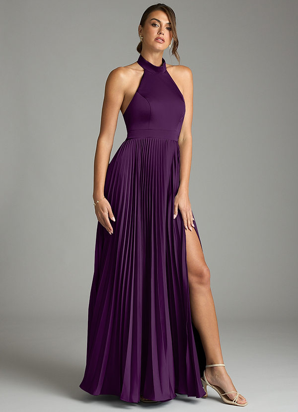 Azazie Zienna 신부 들러리 드레스 A라인 주름진 스트레치 새틴 바닥 길이 드레스 image1