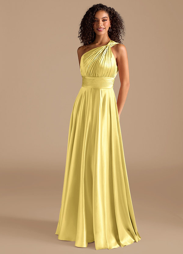 Azazie Charlize Rochii de domnișoară de onoare Linie A Un umăr Satinat metalic Lungime până la podea Rochie image1