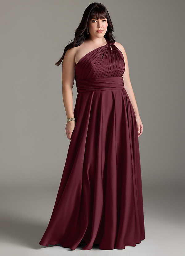 Azazie Charlize Bridesmaid Dresses Cabernet A-Line One Shoulder Stretch Satin Dress image1