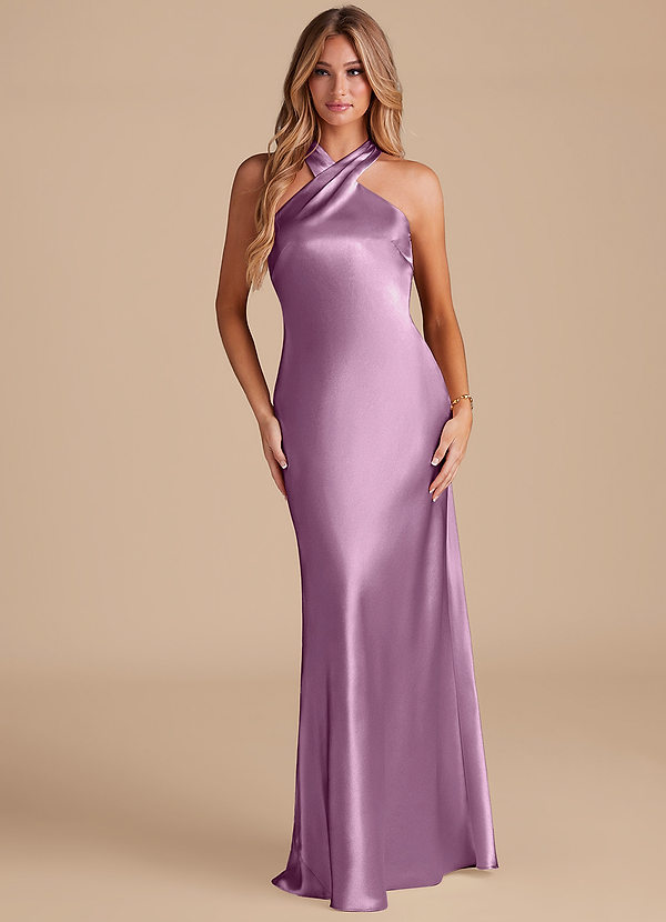 Azazie Doretta Bridesmaid Dresses Wisteria Mermaid Bow Metallic Satin Dress image1