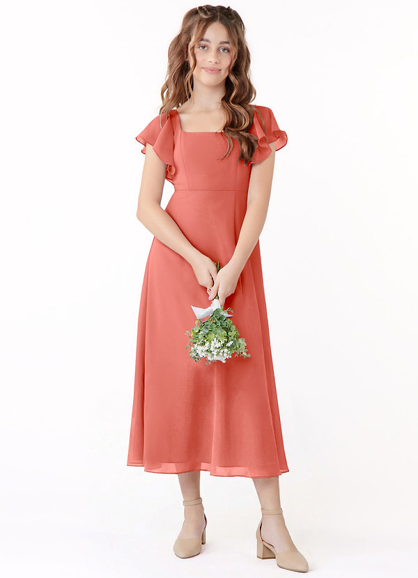 Azazie Bondi Junior Salmon Pink A-Line Ruched Chiffon Dress image1