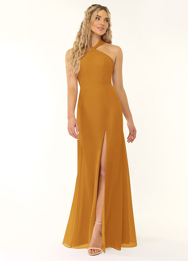 Azazie Rue Abiti da Damigella Abito A-Line in Chiffon con Scollo Halter Caramello image1