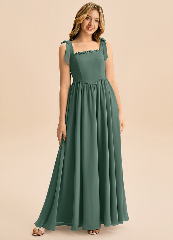 Azazie Delia Junior Abito A-Line in Chiffon Fiocco Muschio Marino image1