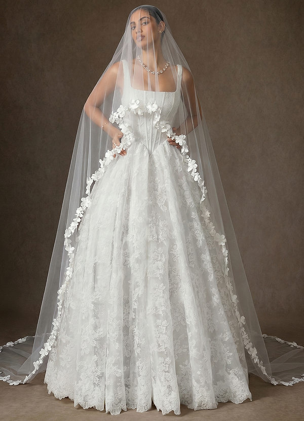 front Floral Trim Cathedral Length Veil with Blusher