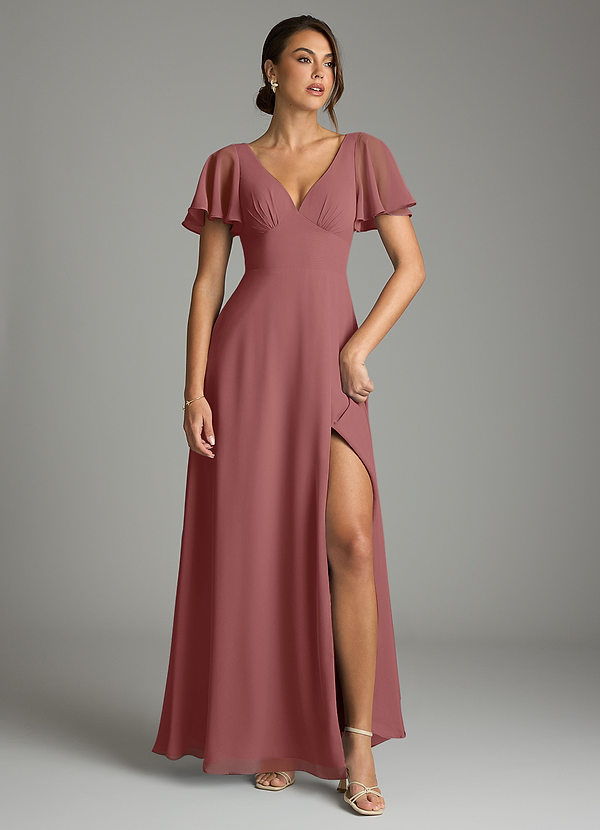 Azazie Kimber Bridesmaid Dresses Amethyst A-Line Flounce Sleeve Chiffon Dress image1