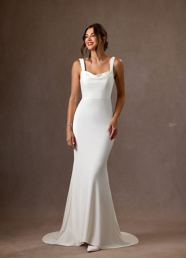 Azazie Lyssa Brautkleider Meerjungfrau-Linie Satin mit Krepprücken Kleid Diamantweiß image1