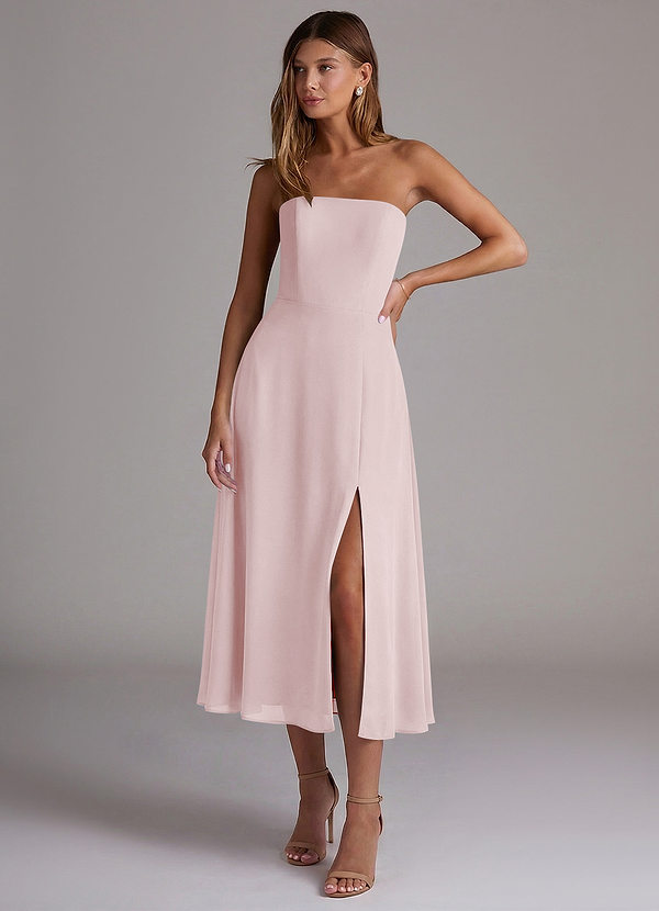 Azazie Wren 신부 들러리 드레스 A라인 스트랩리스 쉬폰 티 길이 드레스 image1