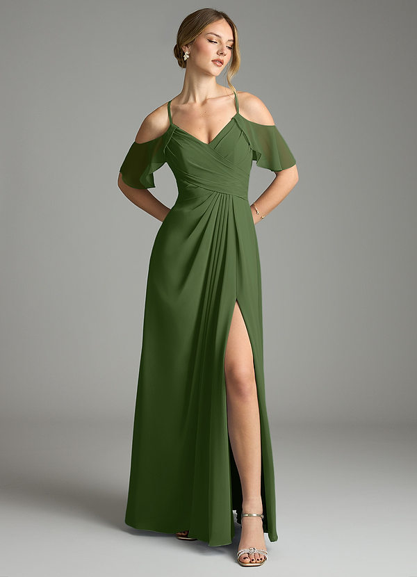 Azazie Dakota Bridesmaid Dresses Olive A-Line V-Neck Pleated Chiffon Dress image1