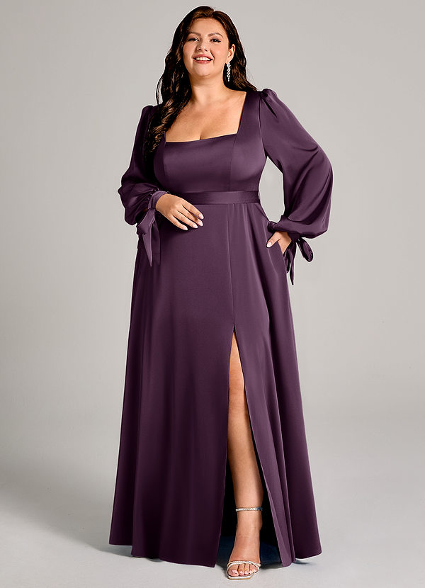 Azazie Leonia Bridesmaid Dresses Plum A-Line Long Sleeve Stretch Satin Dress image1