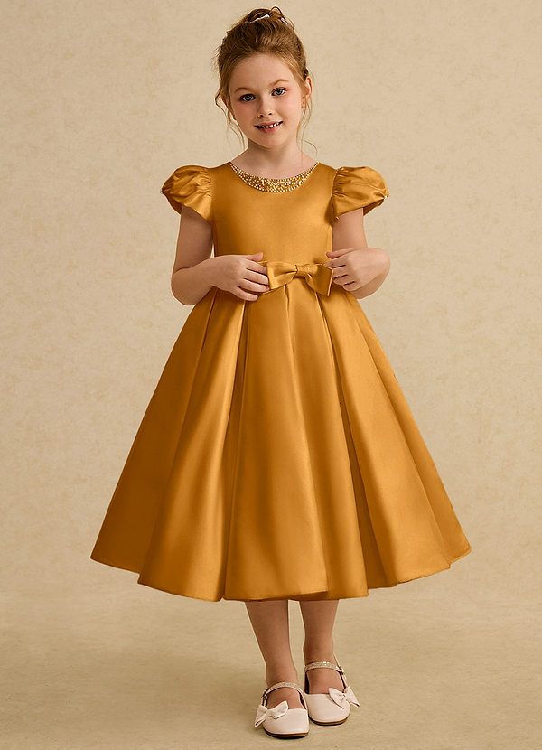 Azazie Pearl Flower Girl Dresses Butterscotch Ball-Gown Pleated Matte Satin Dress image1