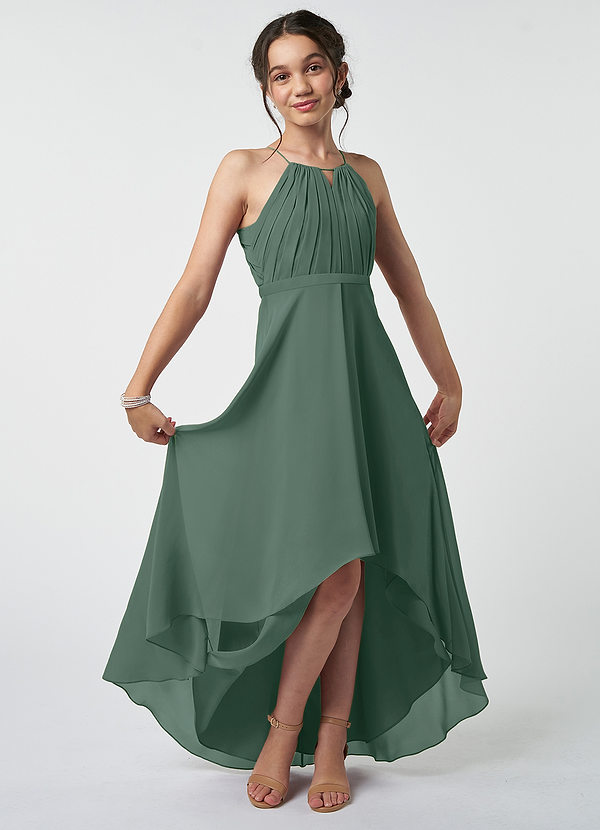 Azazie Oaklynn Junior Sea Moss A-Line Pleated Chiffon Dress image1