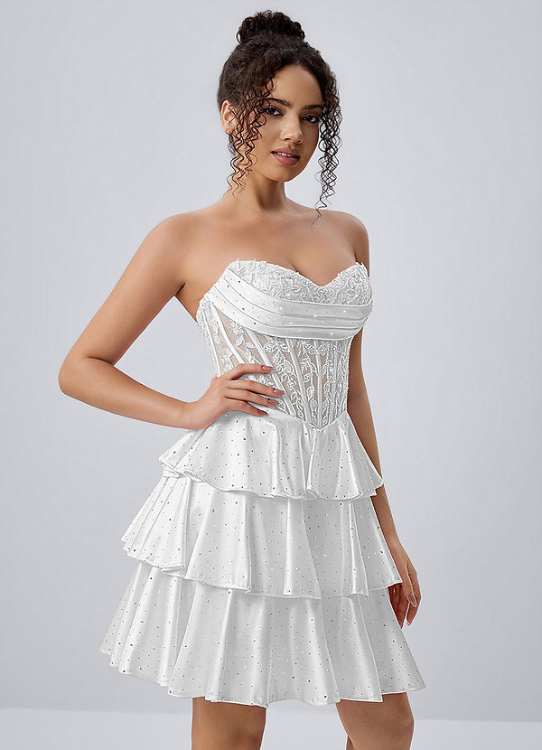 Maude Wit Strapless mini-jurk van satijn met bloemenkant en korset, gelaagd model image1