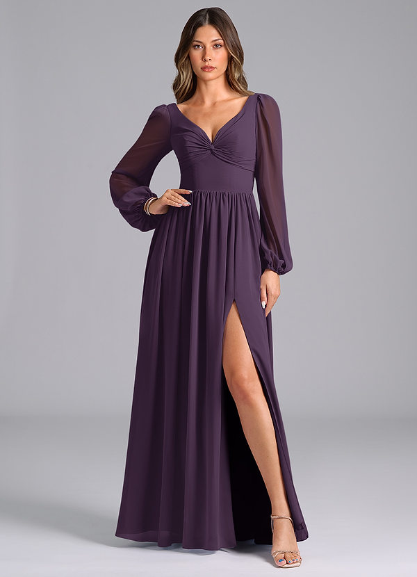 Azazie Zeya Bridesmaid Dresses Plum A-Line Long Sleeve Chiffon Dress image1