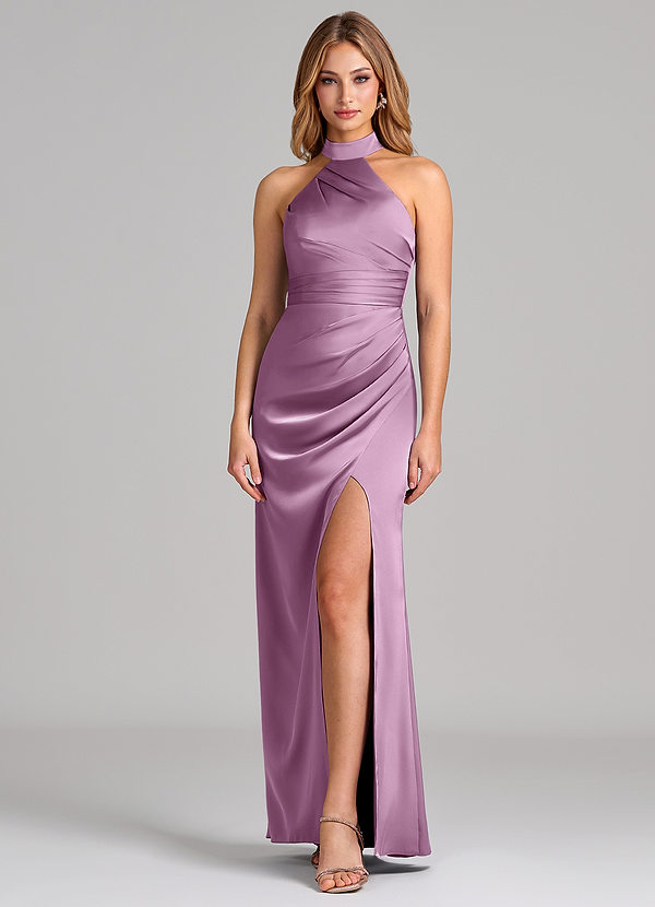 Azazie Karlotta Bridesmaid Dresses Wisteria Sheath Pleated Stretch Satin Dress image1