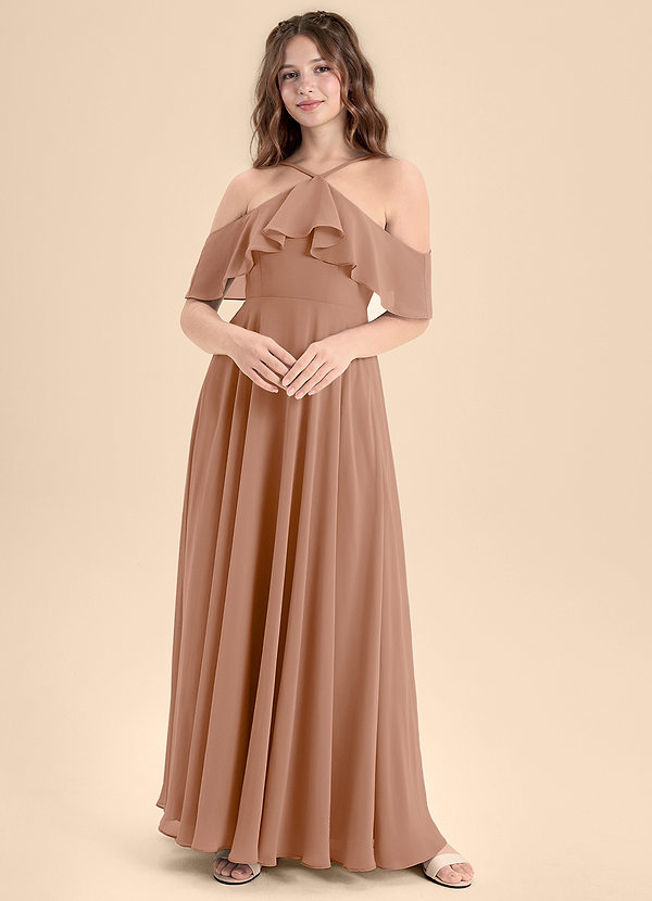 Azazie Tessabelle Junior Abito A-Line in Chiffon a Spalla Scoperta Champagne Rosa image1