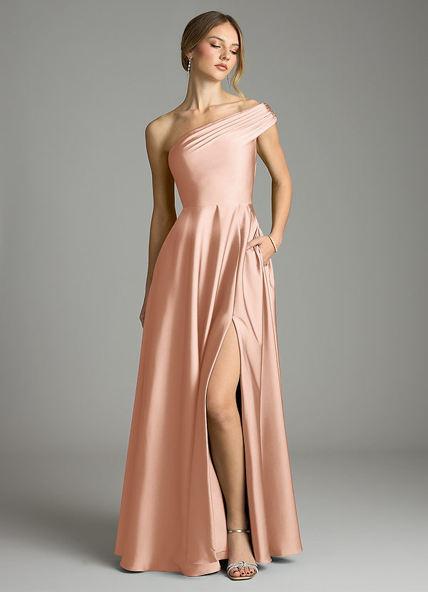 Azazie Melanie Suknie dla druhen Linia A Zza ramienia Satyna elastyczna Do ziemi Sukienka image1