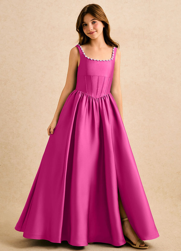 Azazie Enid Girls Formal Sukienki dla dziewczynek sypiących kwiaty Linia A Zroszony Satyna elastyczna Długość podłogi Sukienka image1