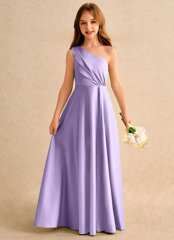 Azazie Puddles Girls Formal Flower Girl Dresses Lilac A-Line One Shoulder Matte Satin Dress image1