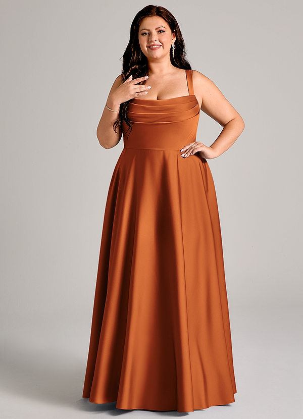 Azazie Shaude Bridesmaid Dresses Cinnamon A-Line Pleated Stretch Satin Dress image1
